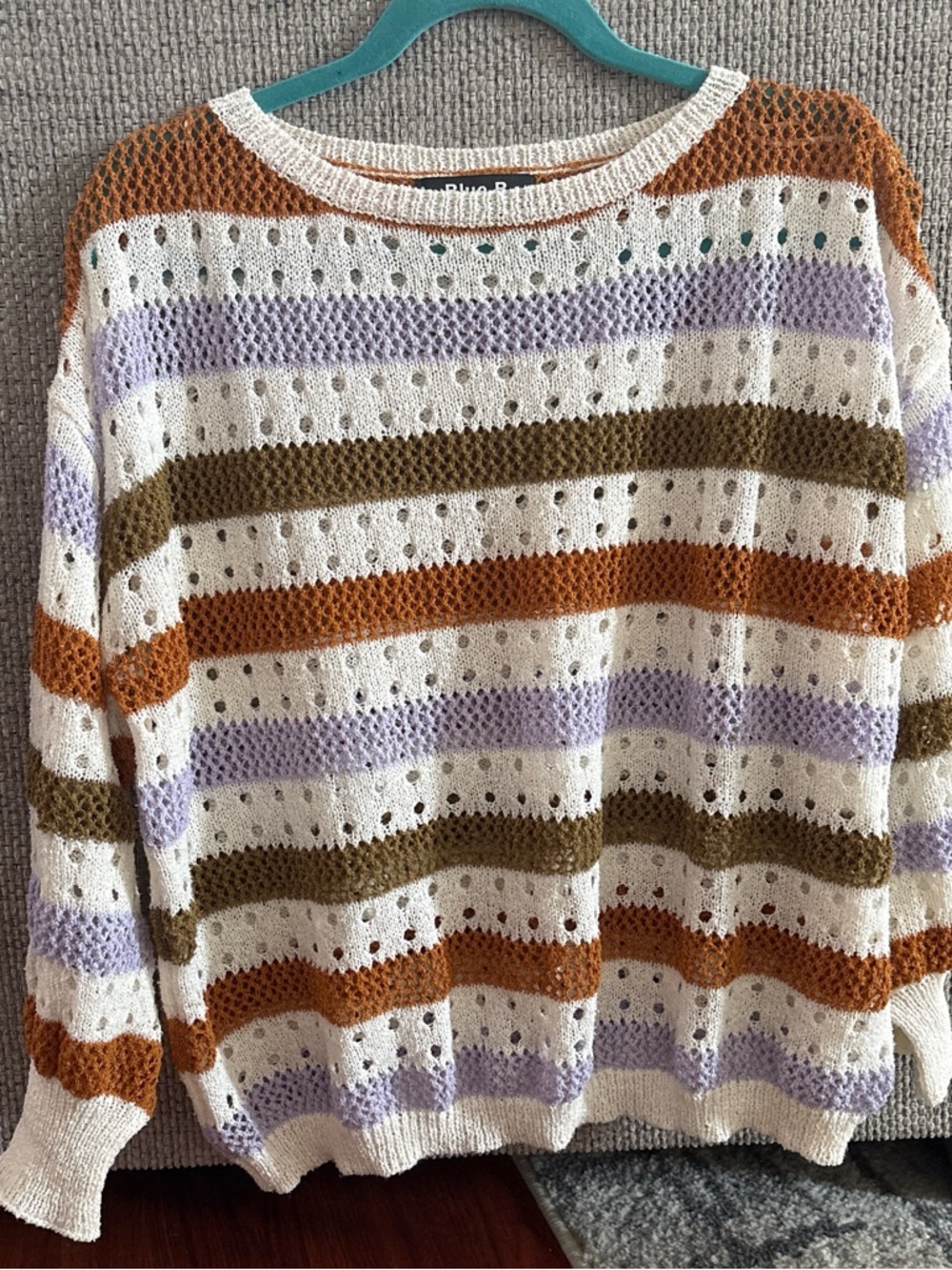 Blue B Striped Open-Knit Crewneck Sweater in Cream, Rust & Olive